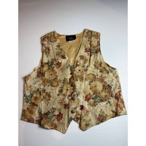 Younique Floral‎ Vest Women's Large Gold Satin Lined Made in USA